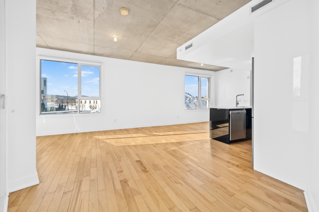 Séjour d'un condo à Rosemont avec grandes fenêtres et vue sur le quartier en hiver