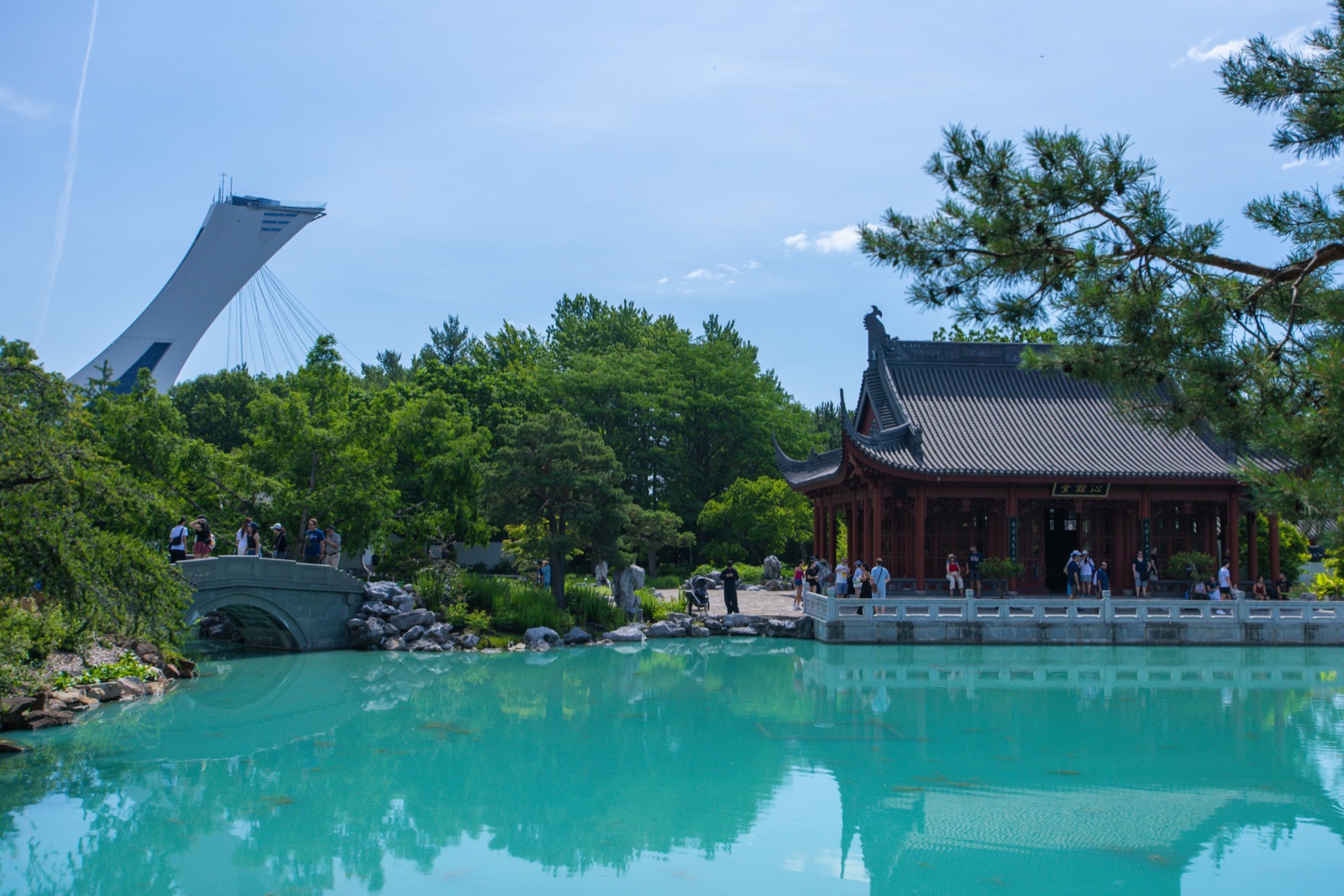 Vue du Jardin de Chine avec la tour du Stade olympique à l'horizon
